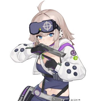 1girl aa-12_(girls&#039;_frontline) bags_under_eyes black_gloves blue_eyes blue_shirt blush breasts brown_hair cleavage cropped_jacket d5y0m expressionless girls&#039;_frontline girls&#039;_frontline_2:_exilium gloves gun handgun hands_up highres holding holding_gun holding_magazine_(weapon) holding_weapon jacket lind_(girls&#039;_frontline_2) looking_at_viewer magazine_(weapon) medium_breasts medium_hair navel open_clothes open_jacket shirt solo weapon white_jacket
