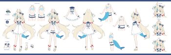 1girl absurdres ahoge animal_ear_fluff animal_ears bikini blonde_hair blue_bikini blue_bow blue_eyes blue_hair blue_sailor_collar blunt_bangs bow cat_ears commentary dress english_commentary fins fish_girl fish_tail flat_chest frilled_shirt_collar frills front_slit full_body hair_bow halterneck highres indie_virtual_youtuber lifebuoy_hair_ornament loli long_hair low_twintails multicolored_hair multiple_views navel official_art open_clothes open_dress reference_sheet sailor_collar sameko_saba short_dress short_shorts shorts shouu-kun side-tie_bikini_bottom simple_background sleeveless sleeveless_dress streaked_hair striped_bikini striped_clothes swimsuit tail tail_under_clothes turnaround twintails variations very_long_hair virtual_youtuber white_background white_dress white_shorts