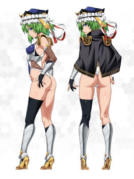 1girl ass asymmetrical_legwear black_hat black_thighhighs blue_leotard boots breasts commentary_request from_behind full_body green_eyes hat highleg highleg_leotard highres leotard looking_at_viewer looking_back medium_breasts multiple_views ootsuki_wataru shiki_eiki single_thighhigh taimanin_suit thighhighs thong_leotard touhou uneven_legwear