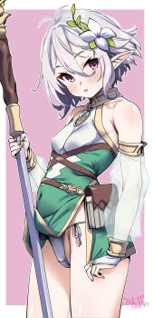 1girl absurdres accidental_exposure antenna_hair bare_shoulders blush breasts bridal_gauntlets clothes_lift covered_navel dress dress_lift elf flower green_dress green_sleeves grey_hair hair_between_eyes hair_flower hair_ornament highres holding holding_staff kokkoro_(princess_connect!) looking_at_viewer panties pointy_ears princess_connect! red_eyes see-through_clothes see-through_sleeves short_hair side-tie_panties small_breasts smile solo staff tongue tongue_out two-tone_kimono umyonge_(lkakeu) underwear white_flower white_panties