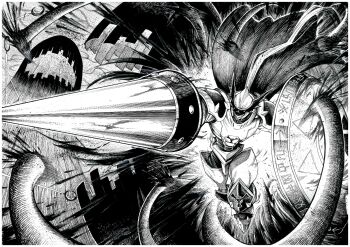 Rule 34 | asymmetrical dual wielding, attack, border, cape, commentary request, d-reaper, digimon, digimon (creature), digimon tamers, dual wielding, dukemon, greyscale, highres, holding, holding shield, kniht, lance, midair, miura satoru, monochrome, mother d-reaper, polearm, shield, weapon, white border