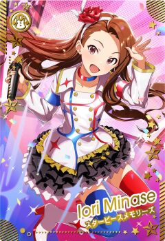1girl boots brown_hair buttons card_(medium) child choker confetti dress english_text forehead hairband high_heel_boots high_heels holding holding_microphone idol_clothes idolmaster idolmaster_(classic) idolmaster_tours japanese_text microphone minase_iori official_art open_mouth red_eyes solo sparkle star_(symbol) starpiece_memories_(idolmaster) thighhighs