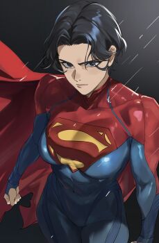 1girl abs absurdres black_background black_eyes black_hair blue_bodysuit bodysuit breasts cape clenched_hand dc_extended_universe dc_universe_(franchise) from_above highres lips looking_at_viewer medium_breasts parted_bangs parted_hair rain red_cape serious short_hair supergirl superhero_costume superman_logo taiyang_yu the_flash_(movie) toned wide_hips