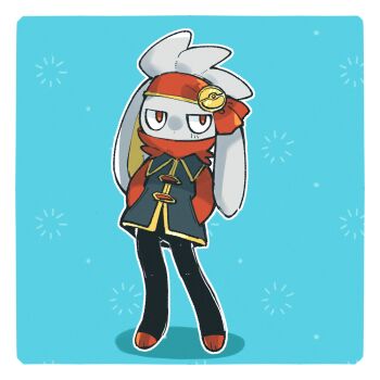 1other animal_ears animal_hands aqua_background bandana black_jacket border clothed_pokemon full_body furry gen_8_pokemon gold_trim grey_fur jacket looking_at_viewer nintendo pokemon pokemon_(creature) rabbit_ears raboot red_bandana red_eyes red_fur red_sleeves simple_background solo sstoh standing white_border