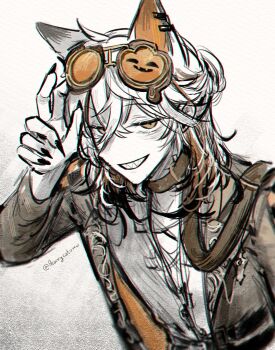 1other black_nails brown_hair brown_jacket colored_tips commentary fingernails grey_background grin hand_up highres jacket kemonomimi_mode long_fingernails looking_at_viewer medicine_pocket medium_hair multicolored_hair official_alternate_costume orange-tinted_eyewear pearrycat reverse:1999 sharp_teeth shirt smile solo sunglasses symbol-only_commentary teeth tinted_eyewear upper_body white_hair white_shirt yellow_eyes