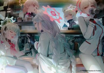 5girls animal_ears black_gloves black_pantyhose blue_archive braid cherino_(blue_archive) closed_mouth commentary_request cup disposable_cup fake_facial_hair fake_mustache gloves grey_hair hair_between_eyes halo highres holding holding_cup long_hair long_sleeves looking_at_another marina_(blue_archive) multiple_girls nishikikope nodoka_(blue_archive) official_art open_mouth pants pantyhose pink_hair red_eyes shigure_(blue_archive) short_hair sitting smile squatting tomoe_(blue_archive) twin_braids weasel_ears weasel_girl white_gloves white_hair white_pants