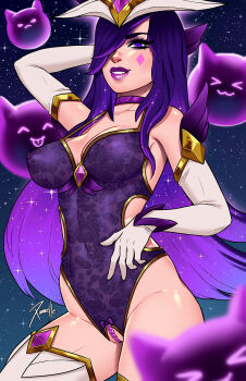 1girl blurry breasts elbow_gloves facial_mark gem gloves hair_over_one_eye headgear highres league_of_legends lips long_hair medium_breasts parted_lips purple_eyes purple_hair purple_lips pussy shiny_skin signature smile solo sparkle star_(sky) star_(symbol) star_guardian_(league_of_legends) star_guardian_syndra starry_sky_background syndra white_gloves white_headwear xinaelle