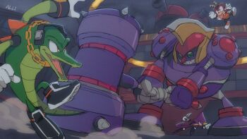 battle black_footwear cannon chameleon_tail charmy_bee colored_skin espio_the_chameleon gloves green_skin hammer headphones helm helmet holding holding_hammer kunai purple_skin robot sonic_(series) sonic_heroes tail tongue tongue_out vector_the_crocodile virtanderson weapon white_gloves