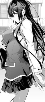 1girl breasts from_side greyscale haite_kudasai_takamine-san hiiragi_yuuichi large_breasts long_hair monochrome school_uniform shirt skirt solo takamine_takane