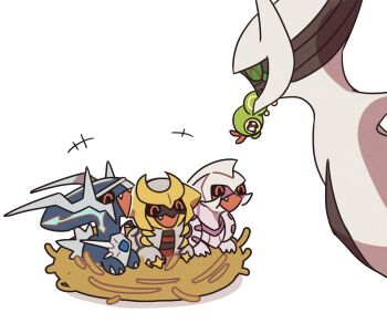 +++ ^_^ arceus caterpie chibi closed_eyes dialga fang fangs gen_1_pokemon gen_4_pokemon giratina giratina_(altered) legendary_pokemon mouth_hold mythical_pokemon nest nintendo no_humans open_mouth palkia pokemon pokemon_(creature) simple_background ssalbulre white_background
