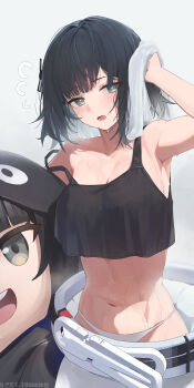 1girl absurdres animal_costume arknights arknights:_endfield berserker_r black_camisole black_eyes black_hair breasts camisole chinese_commentary commentary_request endministrator_(arknights) female_endministrator_(arknights) highres holding holding_towel large_breasts looking_at_viewer midriff navel panties penguin_costume short_hair simple_background solo sweat towel underwear white_panties