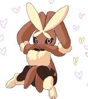 1girl artist_request black_sclera colored_sclera covered_mouth furry gen_4_pokemon heart highres looking_at_viewer lopunny mega_lopunny mega_pokemon nintendo pink_eyes pokemon pokemon_(creature) pokemon_focus simple_background sitting solo white_background wide_hips