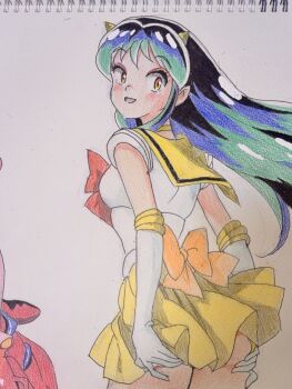 1girl ass back_bow bishoujo_senshi_sailor_moon bow bowtie breasts colored_pencil_(medium) cone_horns crossover elbow_gloves from_behind gloves grabbing_own_ass green_hair hands_on_own_ass highres horns long_hair looking_at_viewer looking_back lum magical_girl miniskirt open_mouth orange_bow pointy_ears red_bow red_bowtie sailor_collar sailor_senshi_uniform skirt tomo_okame0106 traditional_media unofficial_sailor_senshi_uniform urusei_yatsura white_gloves yellow_sailor_collar yellow_skirt