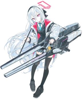 1girl albino black_hairband black_jacket black_ribbon black_shoes black_skirt black_thighhighs blazer blue_archive blue_necktie bright_pupils buttons closed_mouth collared_shirt commentary_request double-parted_bangs dress_shirt full_body gun_sling hair_between_eyes hair_ribbon hairband half_updo halo head_tilt highres jacket kei_(blue_archive) kei_(new_body)_(blue_archive) konabetate loafers long_bangs long_hair long_hair_between_eyes long_sleeves looking_at_viewer multicolored_jacket necktie open_clothes open_jacket oversized_jacket paint_chat_(medium) pigeon-toed pleated_skirt pocket puffy_long_sleeves puffy_sleeves railgun raised_eyebrows rectangular_halo red_eyes red_halo ribbon school_uniform shirt shoes simple_background skirt skirt_set sleeve_cuffs solo standing thighhighs very_long_hair weapon white_background white_hair white_jacket white_pupils white_shirt wing_collar zettai_ryouiki