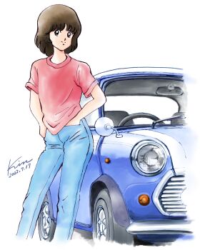 Rule 34 | 1girl, absurdres, black eyes, blue pants, brown hair, car, closed mouth, commentary request, dated, denim, feet out of frame, hands in pockets, highres, jeans, kobakin, looking at viewer, mini cooper, miyuki (series), motor vehicle, pants, red shirt, shirt, short hair, short sleeves, signature, smile, solo, standing, wakamatsu miyuki, white background
