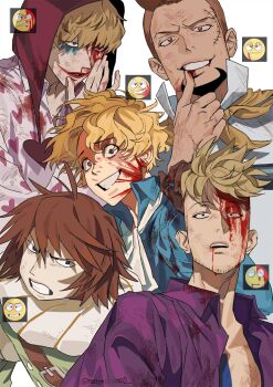 5boys ascot beard_stubble blonde_hair blood blood_on_face brown_hair clenched_teeth collared_shirt commentary donquixote_rocinante emoji facial_hair goatee haruta_(one_piece) highres hood makeup male_focus marco_(one_piece) mulso multiple_boys neckerchief one_piece purple_shirt red_lips sabo_(one_piece) shirt simple_background smile stitched_face stitches stubble teeth thatch_(one_piece) twitter_username white_ascot white_background yellow_neckerchief