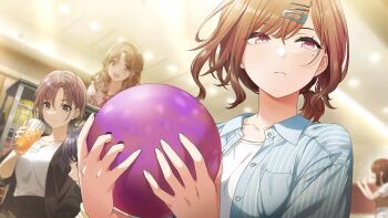 asakura_toru ball black_hair blue_eyes bowling_ball brown_eyes brown_hair buttons ceiling_light cup earrings fukumaru_koito game_cg hair_ornament hairclip higuchi_madoka holding ichikawa_hinana idolmaster idolmaster_shiny_colors idolmaster_shiny_colors_song_for_prism jacket jewelry noctchill_(idolmaster) official_art open_mouth purple_hair red_eyes red_hair shirt unbuttoned unbuttoned_shirt white_shirt