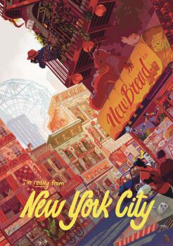 1boy 2girls animal backpack bag balcony bicycle black_hair blue_jacket bread bubble_tea building calico_(pattern) calico_cat car cat city cityscape commentary cow dragon drink_carton dutch_angle eastern_dragon english_commentary english_text ferris_wheel fire_escape food hanging_lantern hanging_plant hat haze horse jacket jdebbiel lantern milk_carton motor_vehicle mouse_(animal) multiple_girls mural new_york_city original outdoors plant potted_plant purple_hat rabbit red_hat red_shirt road scenery shirt shop sidewalk sign sky skyscraper snake standing storefront storm_drain street tiger warm_colored white_sky window window_blinds