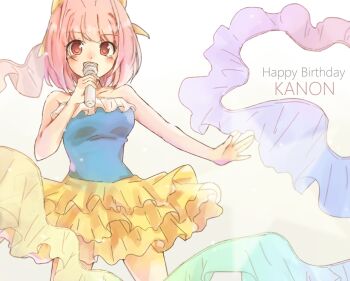 Rule 34 | 1girl, :d, \||/, antenna hair, armpit crease, bare arms, bare shoulders, blue tube top, blush, bow, breasts, character name, collarbone, commentary request, cowboy shot, frilled skirt, frilled tube top, frills, hair bow, hand up, happy birthday, holding, holding microphone, kami nomi zo shiru sekai, kan (102kcal), large bow, looking at viewer, medium breasts, medium hair, microphone, music, nakagawa kanon, open mouth, outstretched arm, partial commentary, pink hair, red eyes, simple background, singing, skirt, smile, solo, standing, strapless, tube top, white background, yellow bow, yellow skirt