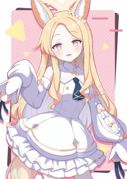 1girl animal_ear_fluff animal_ears blonde_hair blue_archive blush bow capelet closed_mouth commentary_request detached_sleeves dress forehead fox_ears fox_girl gold_trim halo highres long_hair long_sleeves looking_at_viewer pantyhose pink_eyes polka_dot polka_dot_background seia_(blue_archive) simple_background sleeveless sleeveless_dress sleeves_past_fingers sleeves_past_wrists smile solo striped_clothes striped_pantyhose unishaho very_long_hair white_bow white_capelet white_dress white_pantyhose yellow_bow yellow_halo