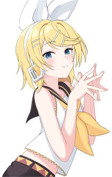 1girl bare_shoulders black_sailor_collar black_shorts blonde_hair blue_eyes bow commentary english_commentary flat_chest hair_bow hair_ornament hairclip headphones headset highres kagamine_rin kaneko_2019 looking_at_viewer navel neckerchief parallel_hairclips sailor_collar short_hair shorts simple_background smile solo steepled_fingers vocaloid white_background white_bow yellow_nails yellow_neckerchief yellow_trim