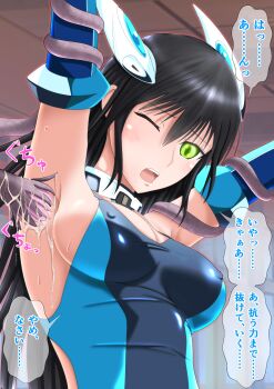 1girl armpits arms_up black_hair blush breasts competition_swimsuit covered_erect_nipples elbow_gloves energy_drain gloves green_eyes highres hyu-ryona kisoe_mitsuki kyoukai_hishou_celestite large_breasts large_variant_set long_hair medium_breasts one-piece_swimsuit one_eye_closed peril presenting_armpit restrained sideboob solo swimsuit tentacles tentacles_under_clothes tickling tickling_armpits variant_set