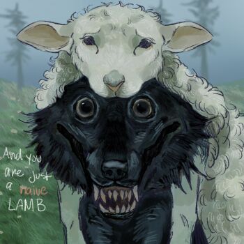 1other black_eyes blurry blurry_background commentary crazy_eyes crazy_smile english_commentary english_text fishy_tank_06 grass highres horror_(theme) lamb_pelt monster monster_focus no_humans original outdoors pelt pine_tree sharp_teeth smile talking teeth tree wolf