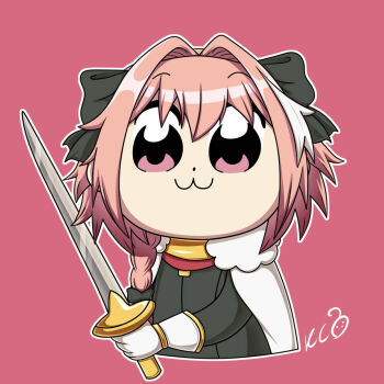 1boy :3 androgynous astolfo_(rider)_(fate) bkub_(style) black_bow black_sweater bow braid cape commentary deformed english_commentary fang fate/apocrypha fate_(series) fur-trimmed_cape fur_trim gauntlets gorget hair_bow hair_intakes holding holding_sword holding_weapon long_hair male_focus multicolored_hair open_mouth outline phoenixcat2497 pink_background pink_eyes pink_hair poptepipic single_braid skin_fang smile solo streaked_hair sweater sword upper_body weapon white_cape white_hair white_outline