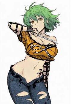 1girl breasts cleavage colorized green_hair hikage_(senran_kagura) large_breasts midriff navel senran_kagura solo torn_clothes