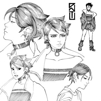 1girl ? boruto:_two_blue_vortex choker commentary dnt_agun earrings frown glasses hair_behind_ear half-closed_eyes hand_in_pocket hatching_(texture) high_heels jacket jewelry loose_socks monochrome naruto_(series) opaque_glasses romper sharingan short_hair signature socks strapless_romper uchiha_sarada