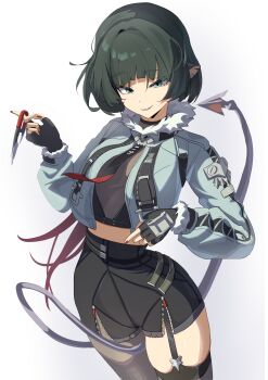1girl absurdres animal_ears black_hair blunt_bangs crop_top fur-trimmed_jacket fur_trim green_eyes green_jacket grin high-waist_shorts highres jacket jane_doe_(zenless_zone_zero) medium_hair midriff mouse_ears mouse_girl mouse_tail shorts smile solo tail tail_blade thick_thighs thighhighs thighs tora_(kumo_sakamoto) white_background zenless_zone_zero zettai_ryouiki