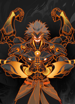 1boy absurdres arms_up banyue_(zenless_zone_zero) chinese_commentary clothes_around_waist commentary_request extra_arms flexing grey_hair highres long_hair looking_at_viewer male_focus own_hands_together robot_boy white_hair zenless_zone_zero zovin