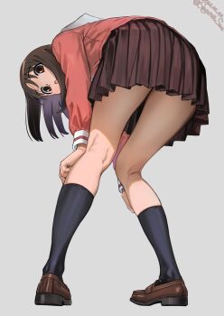 Rule 34 | 1girl, azumanga daiou, bent over, blush, brown eyes, brown hair, clopen28, commentary request, from behind, full body, highres, kasuga ayumu, kneehighs, kneepits, loafers, long hair, long sleeves, looking at viewer, looking back, miniskirt, open mouth, pleated skirt, school uniform, shoes, skirt, socks, solo, standing, twitter username