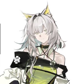 1girl animal_ear_fluff animal_ears arknights c0ff1n3 cat_ears cat_girl closed_mouth dress green_dress green_eyes highres kal&#039;tsit_(arknights) long_hair off_shoulder simple_background solo stethoscope upper_body white_background white_hair