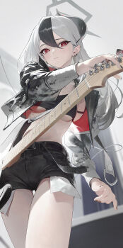 1girl absurdres alternate_costume belt black_hair black_horns black_jacket black_shorts blue_archive breasts closed_mouth commentary cowboy_shot cropped_jacket demon_horns ear_piercing grey_halo guitar guitar_strap hair_between_eyes halo highres holding holding_guitar holding_instrument horns indoors instrument jacket kayoko_(blue_archive) long_hair looking_at_viewer modare multicolored_hair open_clothes open_jacket piercing red_eyes red_jacket shorts small_breasts solo two-tone_hair underboob white_hair