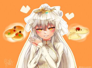 1girl bridal_veil bride charlotta_skopovskaya dress grey_hair grin hair_over_one_eye heaven_burns_red imagining long_hair looking_at_viewer mgr03 russian_clothes smile solo veil wedding_dress yandere yellow_eyes