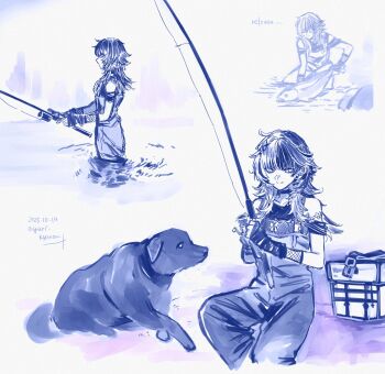 1girl animal artist_name closed_mouth dated dog fish fishing fishing_line fishing_rod highres holding holding_animal holding_fish holding_fishing_rod hololive hololive_english long_hair monochrome multicolored_hair multiple_views shiori_novella split-color_hair virtual_youtuber wading yuri_kyanon