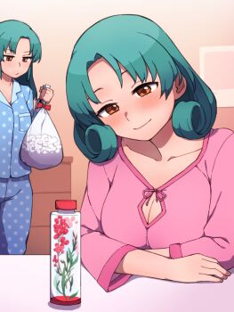 2girls blue_pajamas blush breast_pocket breast_rest breasts cleavage cleavage_cutout closed_mouth clothing_cutout collarbone curly_hair dot_nose food forehead green_hair head_tilt herbarium idolmaster idolmaster_million_live! idolmaster_million_live!_theater_days indoors kwaejina large_breasts long_hair long_sleeves looking_at_viewer marshmallow medium_breasts medium_hair multiple_girls orange_eyes pajamas parted_bangs pink_pajamas pocket polka_dot polka_dot_pajamas sidelocks sitting three-quarter_sleeves standing table tokugawa_matsuri tokugawa_matsuri's_little_sister