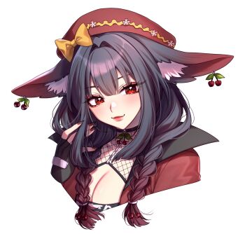1girl :3 aegyo_sal animal_ear_fluff animal_ears black_choker black_gloves black_hair bow braid breasts center-flap_bangs cherry_earrings choker cleavage commentary commission cropped_shoulders earrings english_commentary eyelashes eyes_visible_through_hair fingerless_gloves fishnet_top fishnets flower food-themed_earrings food_themed_earrings gloves gradient_hair hair_between_eyes hair_intakes hair_over_shoulder hair_tie hand_up hat hat_bow hat_flower highres jacket jewelry long_hair looking_at_viewer low_twin_braids multicolored_hair nail_polish open_clothes open_jacket original pink_flower red_eyes red_hair red_hat red_jacket red_nails sasucchi95 sidelocks simple_background solo tsurime twin_braids two-tone_hair white_background yellow_hat