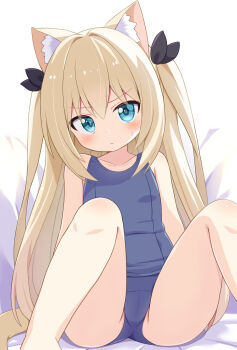 1girl animal_ear_fluff animal_ears bare_arms bare_legs blonde_hair blue_eyes blurry blurry_background blush cat_ears cat_tail covered_navel flat_chest hair_ornament highres long_hair looking_at_viewer mogura2009 one-piece_swimsuit original school_swimsuit simple_background solo spread_legs swimsuit tail