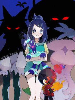 1girl blue_eyes blue_hair blue_shirt charcadet gen_8_pokemon hair_bun hatterene highres koso2023 liko_(pokemon) looking_at_viewer meowscarada nintendo pokemon pokemon_(anime) pokemon_horizons red_eyes shirt short_hair shorts terapagos terapagos_(normal) turtle white_shorts