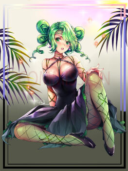 Rule 34 | 1girl, bishoujo senshi sailor moon, bishoujo senshi sailor moon crystal, breasts, cleavage, commission, dark green hair, dress, earrings, fishnet legwear, fishnets, green eyes, jewelry, large breasts, lebachqui126, solo, teeth, tellu (sailor moon), thorns, upper teeth only, witches 5