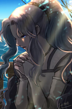 Rule 34 | 1girl, artist name, blue eyes, fingerless gloves, gloves, long hair, open mouth, ponytail, praying, purple hair, renee (tear ring saga), solo, sumeragi (black rose), tear ring saga, tear ring saga: yutona eiyuu senki, water