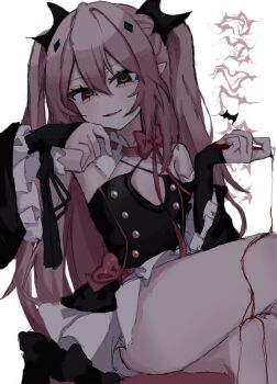 1girl bare_shoulders blood bow double-parted_bangs flat_chest hair_between_eyes hair_ornament halterneck highres holding holding_test_tube krul_tepes leg_over_thigh long_hair looking_at_viewer owari_no_seraph pink_hair pointy_ears red_bow red_eyes sitting sleeves_past_wrists smile solo test_tube uxvqx vampire very_long_hair white_background