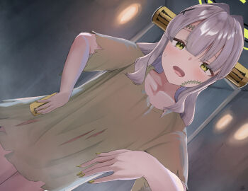 1girl absurdres alternate_costume blue_archive blunt_bangs blush brand_name_imitation brown_shirt can collarbone commentary_request cosplay cowboy_shot cross_hair_ornament dutch_angle energy_drink frankenstein&#039;s_monster frankenstein&#039;s_monster_(cosplay) ganba_artworks green_eyes grey_hair hair_down hair_intakes hair_ornament halloween_costume halo hare_(blue_archive) highres holding holding_can indoors long_hair looking_at_viewer nail_polish open_mouth outstretched_arms shirt short_sleeves sidelocks smile solo stitched_face stitches sweatdrop wavy_hair yellow_halo yellow_nails zombie_pose