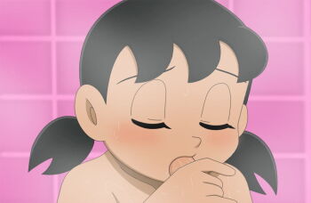 1boy 1girl black_hair blush closed_eyes doraemon hetero loli minamoto_shizuka nude official_style oral solo_focus source_request tagme twintails