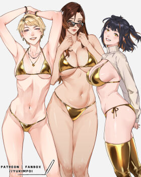 3girls arms_behind_back bikini black_hair blonde_hair breasts brown_hair character_request cleavage collarbone commentary copyright_request english_commentary fanbox_username gold_bikini gold_thighhighs golden_week grin hair_between_eyes highres jewelry large_breasts lipstick long_hair looking_at_viewer makeup mature_female medium_breasts medium_hair multicolored_hair multiple_girls necklace parted_bangs parted_lips patreon_username pendant pink_lips ribs short_hair side-tie_bikini_bottom simple_background smile stomach streaked_hair sunglasses swimsuit thighhighs two-tone_hair upper_body white_background yukimpoi
