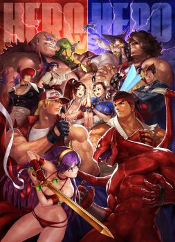 Rule 34 | 6+boys, 6+girls, afro, android, athena (series), bikini, blank eyes, blonde hair, blue eyes, bracelet, breasts, capcom, chun-li, crossed arms, crossover, dark skin, darkstalkers, demitri maximoff, demon, demon wings, dougi, earthquake (samurai spirits), energy sword, fangs, fatal fury, fatal fury cap, final fight, gloves, hachimaki, headband, helmet, high five, highres, holding, holding sword, holding weapon, hugo andore, jewelry, large breasts, logo, long hair, makaimura, mars people, medium breasts, mega man (series), mega man zero (series), metal slug, multiple boys, multiple crossover, multiple girls, muscular, official art, ogura eisuke, open mouth, princess athena, red arremer, red bikini, rivalry, ryu (street fighter), ryuuko no ken, samurai spirits, shiranui mai, simple background, smile, snk, snk vs capcom svc chaos, street fighter, studded bracelet, svc chaos, swimsuit, sword, tabasa, tentacles, terry bogard, the king of fighters, thumbs up, toudou kasumi, upper body, warzard, weapon, wings, wizard, yagami iori, yellow eyes, z saber, zero(z) (mega man), zero (mega man)