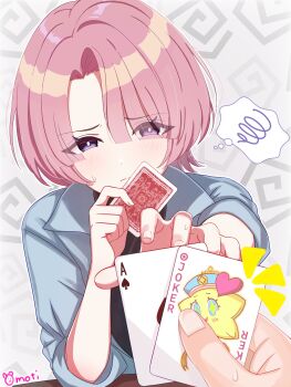 1boy 1girl absurdres ace_(playing_card) ace_of_spades arimura_mao artist_name asymmetrical_bangs blunt_bangs bright_pupils card commentary fingernails foreshortening gakuen_idolmaster hatsumi-chan_(gakuen_idolmaster) highres holding holding_card idolmaster joker_(playing_card) looking_at_viewer mattarisan_3 nervous old_maid pink_hair playing_card pov pov_hands purple_eyes short_hair spade_(shape) speech_bubble squiggle thought_bubble white_pupils