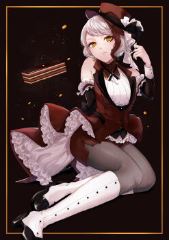 Rule 34 | 1girl, absurdres, black sleeves, boots, brown dress, brown hat, cake, closed mouth, commentary request, detached sleeves, diamond earrings, dress, earrings, food, frilled sleeves, frills, full body, grey pantyhose, hat, highres, hijiri (sacra 0419), jewelry, looking at viewer, original, pantyhose, single earring, solo, white boots, white hair, yellow eyes